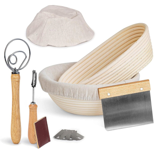 Food Grade 9 Inch Natural Rattan <b>Round</b> Bread Proofing Basket with Cloth <b>Brush</b> Proofing Basket Bread Set - Product Image 1