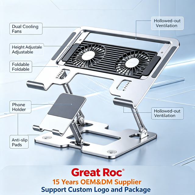 Adjustable Foldable 2 in 1 Laptop Stand with Phone Holder & Cooling Fans Laptop Support Stand for Office Home Gaming
