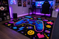Tapis antidérapant lavable à motif de manette de jeu, tapis en polyester à poils ras pour chambre d'enfants et d'adolescents, résistant aux taches et adapté aux animaux domestiques