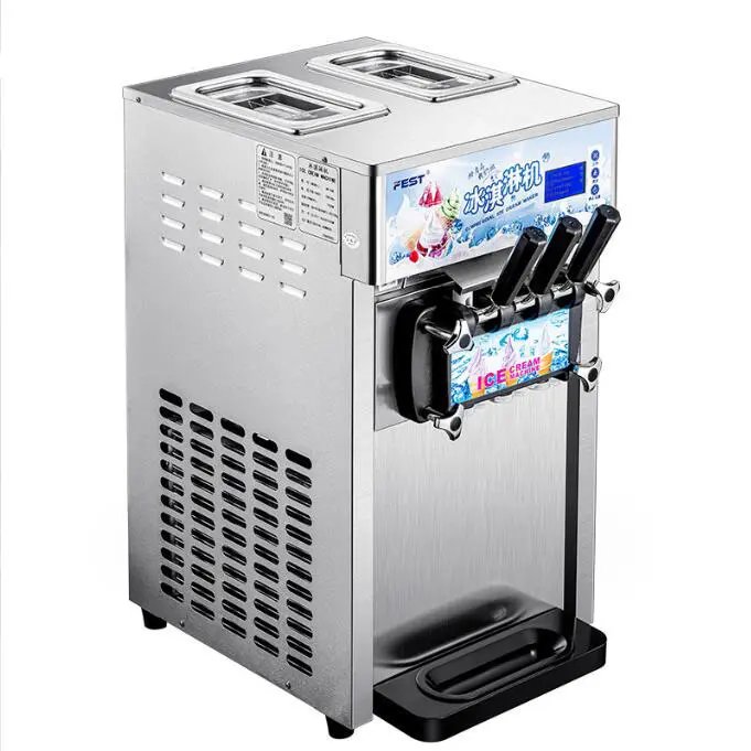 Mesin es krim tiga warna komersial otomatis kerucut Sundae vertikal tiga kepala mesin es krim lembut