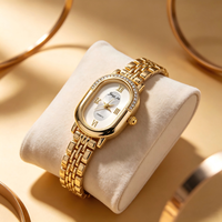 Montre-bracelet vintage pour femme, bracelet en acier inoxydable doré, cadran rouge, boîtier ovale avec strass, montre pour femme