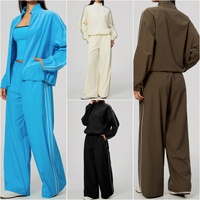 Veste de course zippée à col montant pour femme, pantalon de sport à taille élastique et jambes larges, survêtement femme avec surpiqûres contrastées