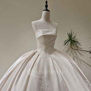 Robe de mariée longue en satin à col bateau, style classique moderne LY166, avec volants en dentelle, appliques en cristal, robe florale pour femmes - Product Image 3
