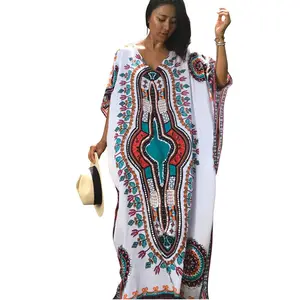 아프리카 인쇄 코튼 2021 여름 긴 비치 드레스 한 사이즈 v 넥 카프 탄 여성 비치 착용