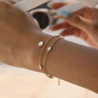 Bracelet Classique BinShuo à Double Chaîne en Acier Inoxydable avec Zircon Rond Blanc Plaqué Or 18K PVD Étanche pour Femmes