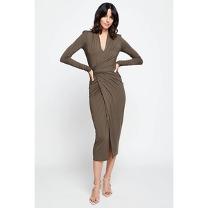 Vestido de punto francés de manga larga, nuevo diseño, ajustado, sexy y elegante, con abertura, largo medio, al por mayor - Product Image 1