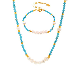 <span class=keywords><strong>Collier</strong></span> en perles d'eau douce naturelles et turquoise pour femmes, ensemble de bracelets faits à la main, bijoux vintage français en gros - Product Image 4