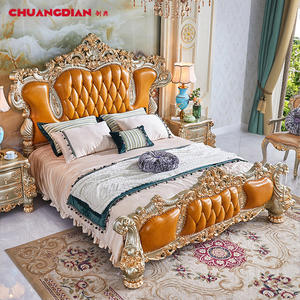 Chuangdian Foshan Fabriek Custom Franse Luxe Gouden Koninklijke Hand Gesneden Massief Houten Frame Dubbel Kingsize Slaapkamerbed - Product Image 1
