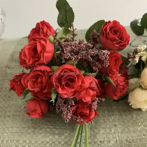 गर्म बिक्री 15 सिर गुलाब के गुलदस्ते रेशम कृत्रिम फूल गुलाब का गुलदस्ता शादी के फूलों की व्यवस्था के लिए छोटे गुलाब के झाड़ियाँ