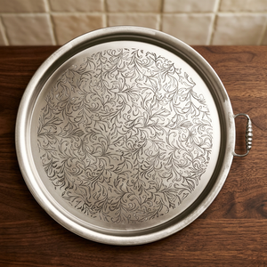 Bandeja Redonda de Acero Inoxidable Grabada Estilo Vintage, Plato Decorativo de Metal para Mesa de Comedor, Fiestas y Eventos - Product Image 2