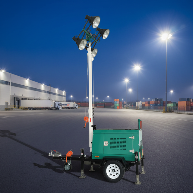 Pneumatic Diesel Generator Motor Portable LED Light Tower with 2x1000W Power 6000 Coverage Mobile Trailer