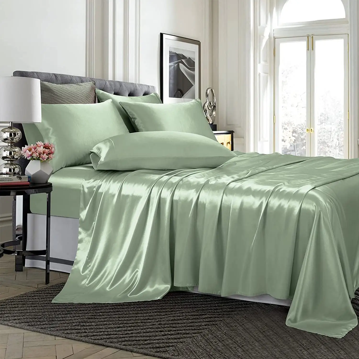 Satin Sheets King Size Silky Smooth Sage Green Satin Sheet Set With Deep Pocket Satin Fitted Sheet