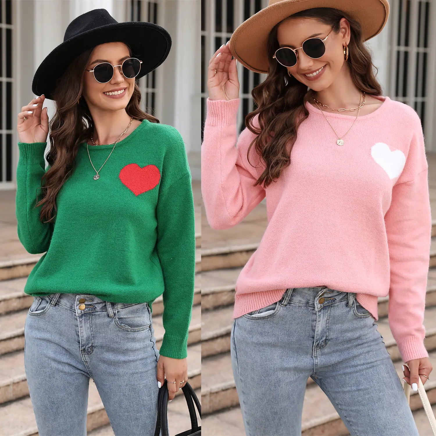 Valentines Day Clothing 2023 Women Pink And Green Jacquard Oversized Designer Heart Sweaters For Women