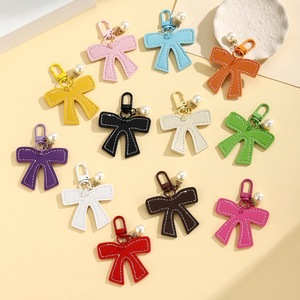 Cute <b>Bow</b> Keychain PU Leather Key Charm with Pearl Colorful Bowknot Bag Pendant for Women Girls <b>Gift</b> Fashion Key Accessories - Product Image 1