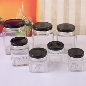 Lege Vele Beschikbare Size 50Ml ~ 1000Ml Vierkante Glazen Honing Jar Jampot Inblikken Pot Met Schroef Metalen zwart Of Golden Cap