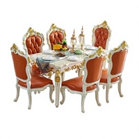 Table à manger rectangulaire en chêne massif de style européen, avec plateau en marbre antique, ensemble de salle à manger de luxe doré blanc pour restaurant et maison