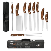 Ensemble de couteaux de cuisine à manche en bois, couteaux de chef en acier inoxydable avec sac de transport, aiguiseur et fourchette à viande pour la cuisson et le barbecue