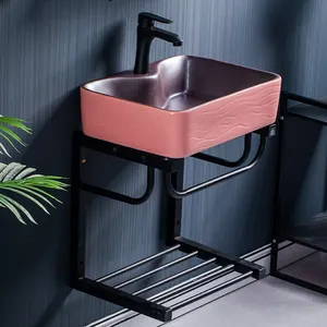 Оптовая цена, Современная раковина для ванной комнаты, розовый прямоугольный умывальник, керамический умывальник с металлической подвесной стойкой