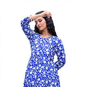Vestido Étnico de Verano para Mujer, Azul, con Estampado Geométrico, 100% Algodón Tejido, Ecológico, con Botones, Casual, a Media Pantorrilla, Corte en A, Cintura Imperio - Product Image 1