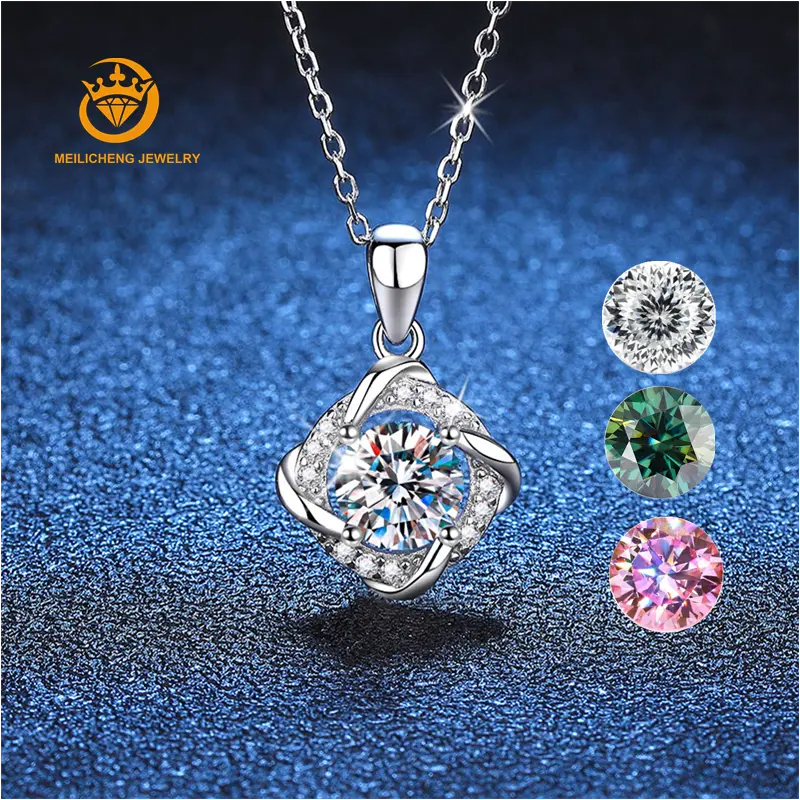 Usine en gros bijoux personnalisé 925 en argent Sterling 1ct rond Moissanite pendentif collier de diamants pour cadeau de mariage des femmes