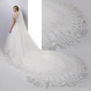Voile de mariée élégant en dentelle à sequins appliqués ivoire, 4 m de long, 3 m de large, traîne cathédrale, voile de mariage brillant - Product Image 1