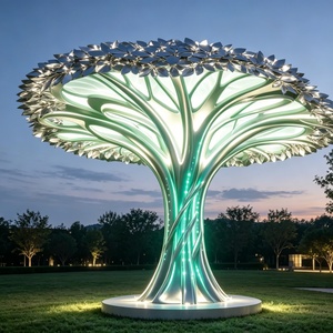 Sculpture d'arbre en acier inoxydable grandeur nature, illuminée par LED, résistante aux intempéries, avec canopée lumineuse – Art extérieur fait main - Product Image 4