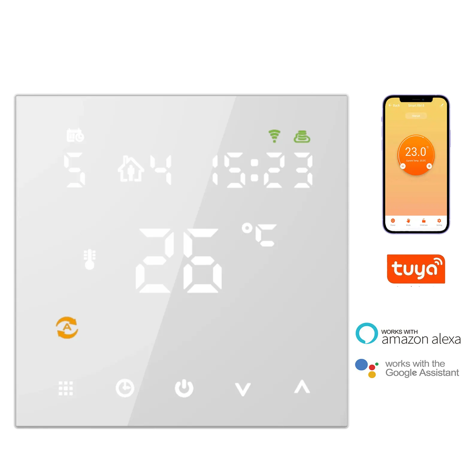 HY608 Termostato inteligente com tela de vidro colorida e controle de toque programável para aquecimento de água e piso, termostato para caldeira a gás