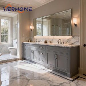 ตู้ห้องน้ำแบบตั้งพื้นไม้เนื้อแข็งสั่งทำพิเศษพร้อมอ่างล้างหน้าคู่แบบฝังใต้เคาน์เตอร์หิน ชุดเฟอร์นิเจอร์ห้องน้ำคู่ - Product Image 4