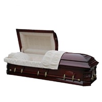 Ataúdes y Féretros Funerarios de Madera de Álamo, Terciopelo Color Caoba Oscura, Acabado Brillante, Manos Orando en las Esquinas