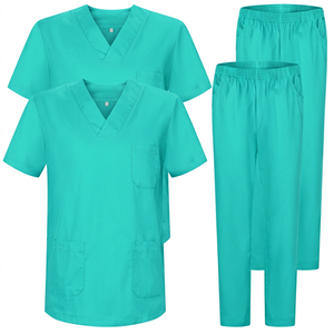 Ensemble de blouses médicales unisexes bleu marine, haut à col en V avec poches et pantalon à taille élastique pour usage hospitalier, en coton et polyester tissé - Product Image 2