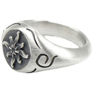 Anello con sigillo a forma di girasole vintage, in metallo argentato opaco antico, per uomo e donna - Product Image 2