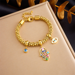European American Style Gold Plated Stainless Steel Fatima Hand Eye Charm Bracelet Unisex Gift Jewelry - Product Image 1