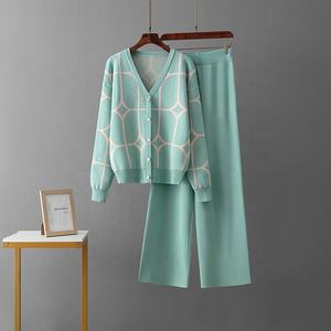 Ladies v Neck Long Sleeve Loose Fit Short <strong>Cardigan</strong> and High Waist Long Pants <strong>Twin</strong> <strong>Set</strong> - Product Image 2