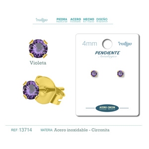 Orecchini a Perno alla Moda con Pendente Rotondo in Zirconia Viola da 4mm e Base in Acciaio Dorato - Product Image 1