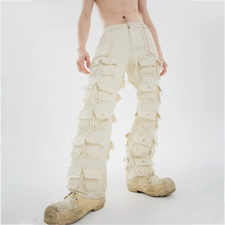 Hoge Kwaliteit Custom Streetwear Multi Cargo Zakken Gestapeld Groothandel Werk Witte Denim Jeans Voor Mannen