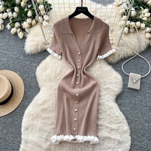 Nouvelle robe d'été pour femmes, col rabattu, manches courtes, boutons décoratifs, robe en tricot - Product Image 3