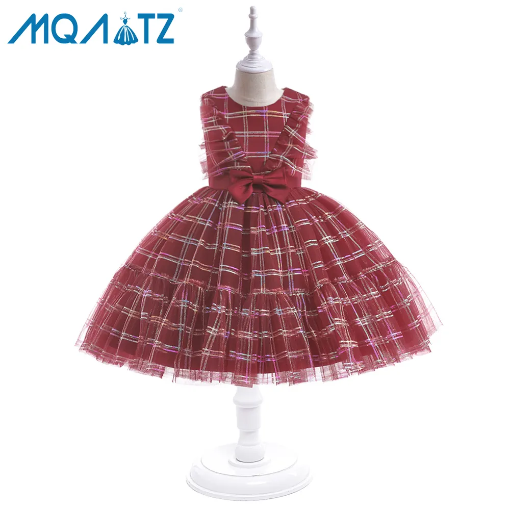 Mqatz New Arrive Elegant Rood Meisje Feestjurk Rooster Geruit Rok Mouwloze Jurken Met Strik 4-7 Jaar Kinderkleding L5501