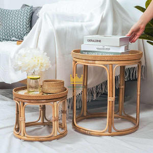 Tables gigognes en rotin écologiques de luxe avec plateau en mosaïque de nacre, ensemble de tables basses rondes pour la décoration intérieure de la maison et des hôtels - Product Image 2