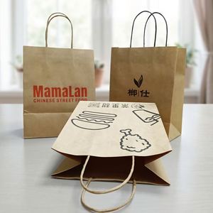 ถุงกระดาษคราฟท์สีน้ำตาลสำหรับร้านอาหาร คาเฟ่ บรรจุภัณฑ์อาหารแบบนำกลับบ้าน พิมพ์โลโก้ตามสั่ง รีไซเคิลได้ เหมาะสำหรับโปรโมชั่นอาหาร - Product Image 3