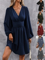 Vestido de Mujer Estilo Europeo 2026, Cuello Inclinado, Cintura Ajustada, Manga Abullonada, Estilo Francés para Mujeres Maduras