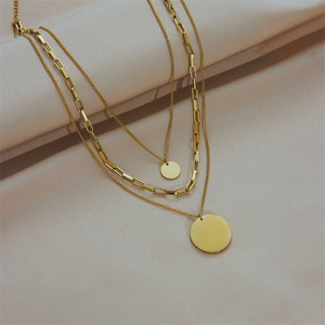 European American <b>Cross</b> Border Personalized Retro Minimalist Metal Multi Layer <b>Chain</b> Stainless Steel Round Pendant Necklace - Product Image 2
