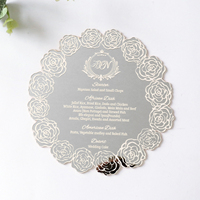 Carte de menu de mariage en acrylique miroir argenté, découpe laser, bordure rose, avec estampage à chaud blanc, menu de table personnalisé pour banquet de mariage