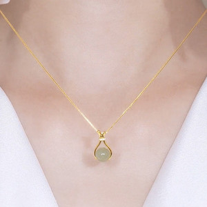 Hetian Jade Pendant Necklace Water Drop Shape Bezel Setting Lucky Bag Design Everyday Wear Clavicle Chain Gold Tone - Product Image 1