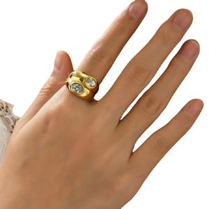 Anillos de Diamantes Cultivados en Laboratorio de Doble Capa Anchos en Color Dorado de Lujo para Mujer, Joyería de Acero Inoxidable Gruesa, Estilo Vintage - Product Image 2