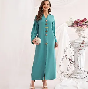 Wholesale Maxi V-neck Sewn Drill Muslim Dress Grey Color Islamic Clothing Long Sleeve Abaya Dress for Modern Office Women
