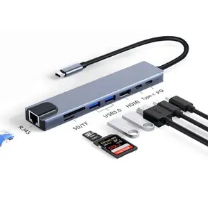 Adaptateur Usb 8 en 1 Type C vers 4k Hdmi avec lecteur de carte Sd Tf Rj45 Pd Charge rapide 7/8 Ports concentrateur répartiteur USB C pour téléphone portable