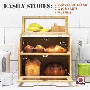 Bamboo Bread <b>Box</b> Double Layer With <b>Glass</b> Door Kitchen Storage For Bread And Desserts Freshness Preservation - Product Image 2