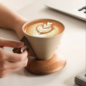 Personalized 250ML Stoneware Cappuccino Coffee Mug Saucer Funnel Shaped Reusable Espresso Milk Tea Ceramic <b>Cup</b> with Wooden Base - Product Image 2