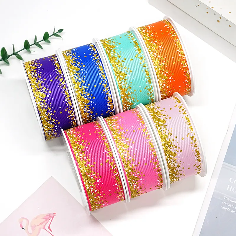 Decorative Satin Christmas Ribbons with Gold Dust Glitter 1 1/2 inch Ribbon for Hair Bows Custom Colorful