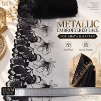 Vente en gros de dentelle brodée en maille noire de 22 cm, dentelle à deux tons avec des motifs floraux, des paillettes et des fils métalliques pour abaya, kaftan, jalabiya, robe